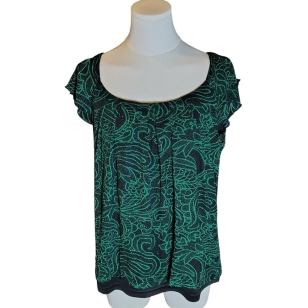 Sara Michelle Shimmer Sparkly Green And Black Paisley Swirl Blouse Size Medium